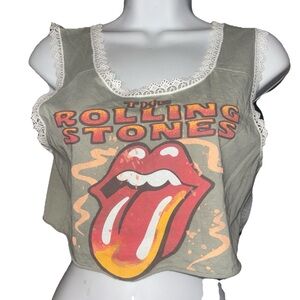 The Rolling Stones Light Green Cropped Tank Top Lace Trim Tongue Logo Women’s M